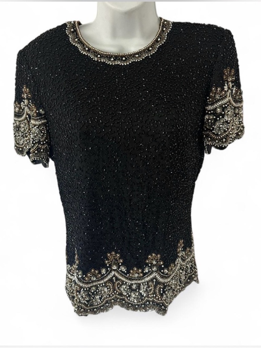 Papell Boutique Silk‎ Black Short-Sleeve Beaded Evening Top